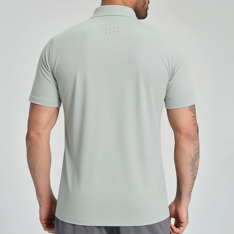 Polocom Plus Course Stretch Polo in Silver Gray, rear view with upper-back perforation detail