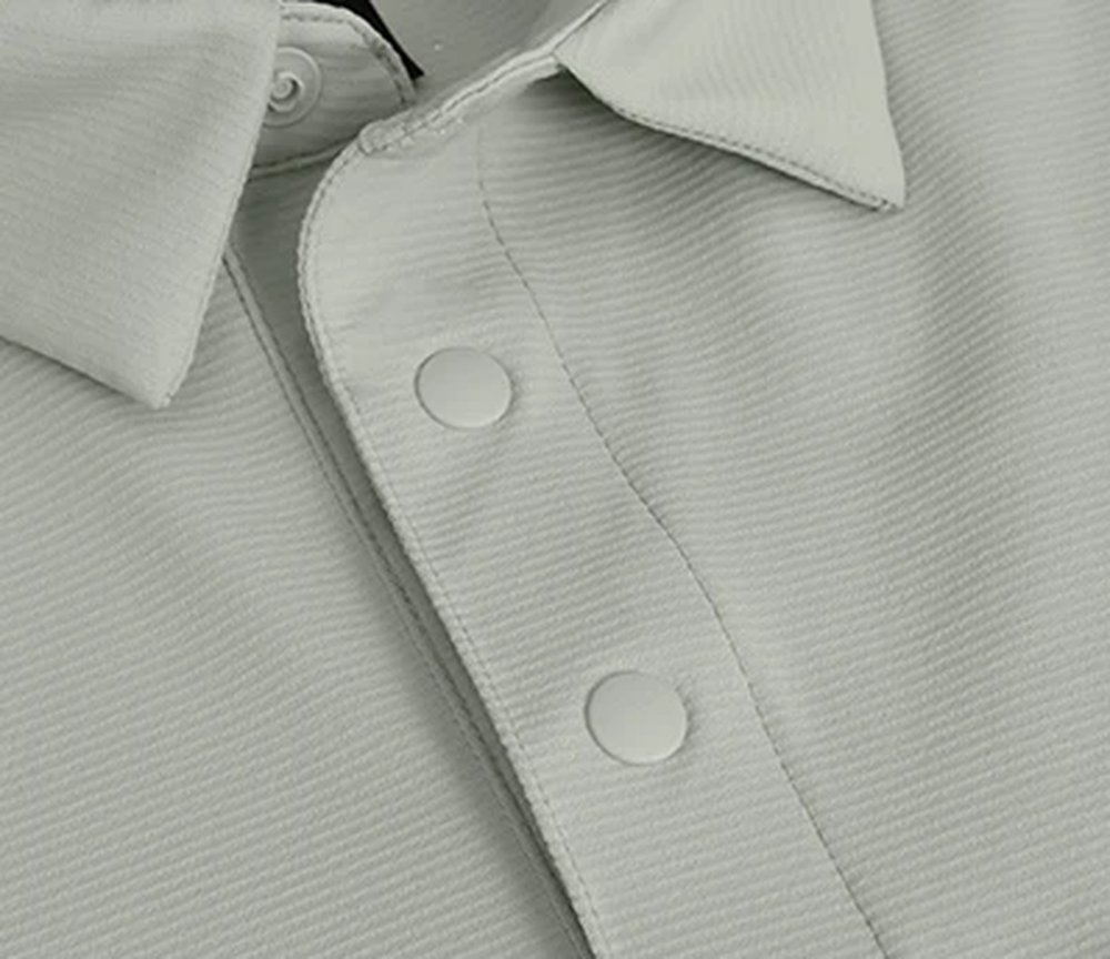 Polocom Plus Course Stretch Polo in Silver Gray, button collar detail