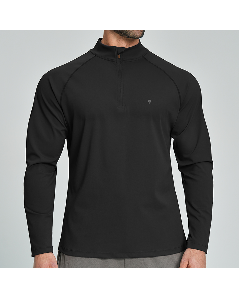 Polocom Plus Court Stretch Quarter-Zip Top in Black, model front view