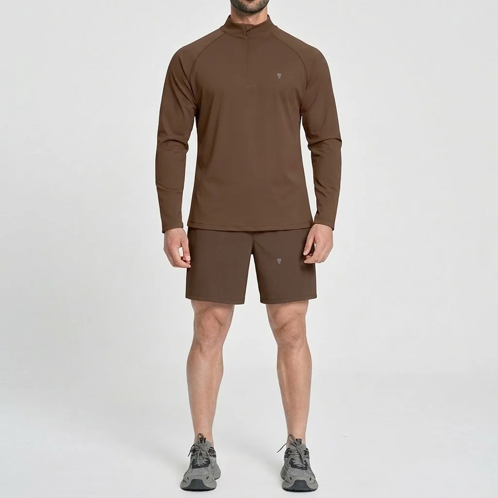 Polocom Plus Court Quarter-Zip & Shorts Set in Brown, front view on an adult male model