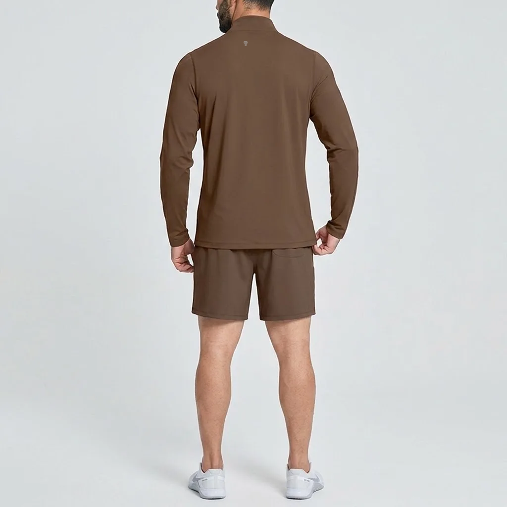 Polocom Plus Court Quarter-Zip & Shorts Set in Brown, rear view on an adult male model