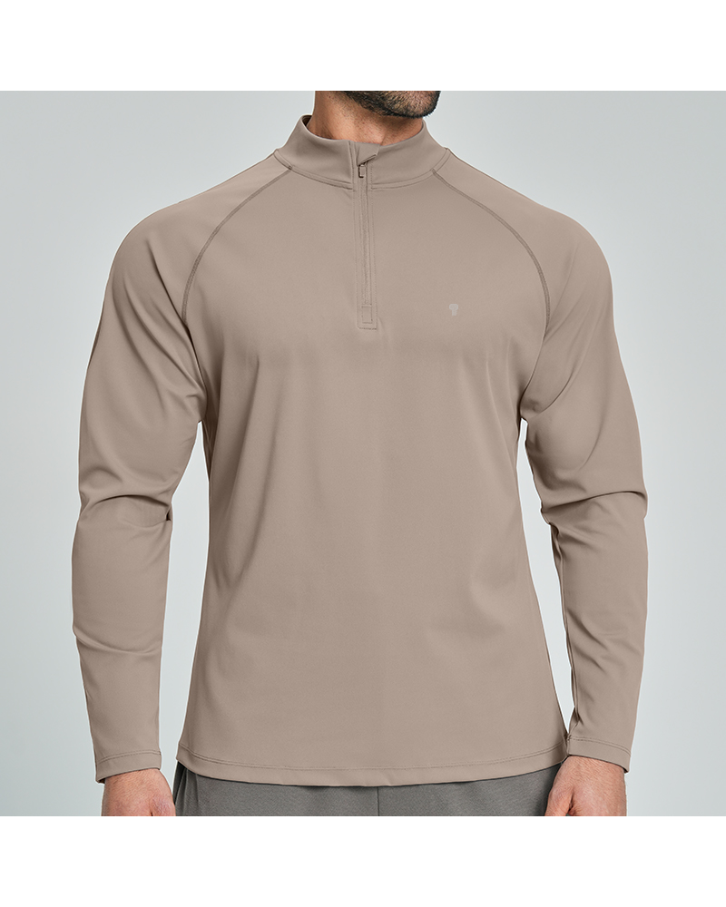 Polocom Plus Court Stretch Quarter-Zip Top in Khaki, model front view