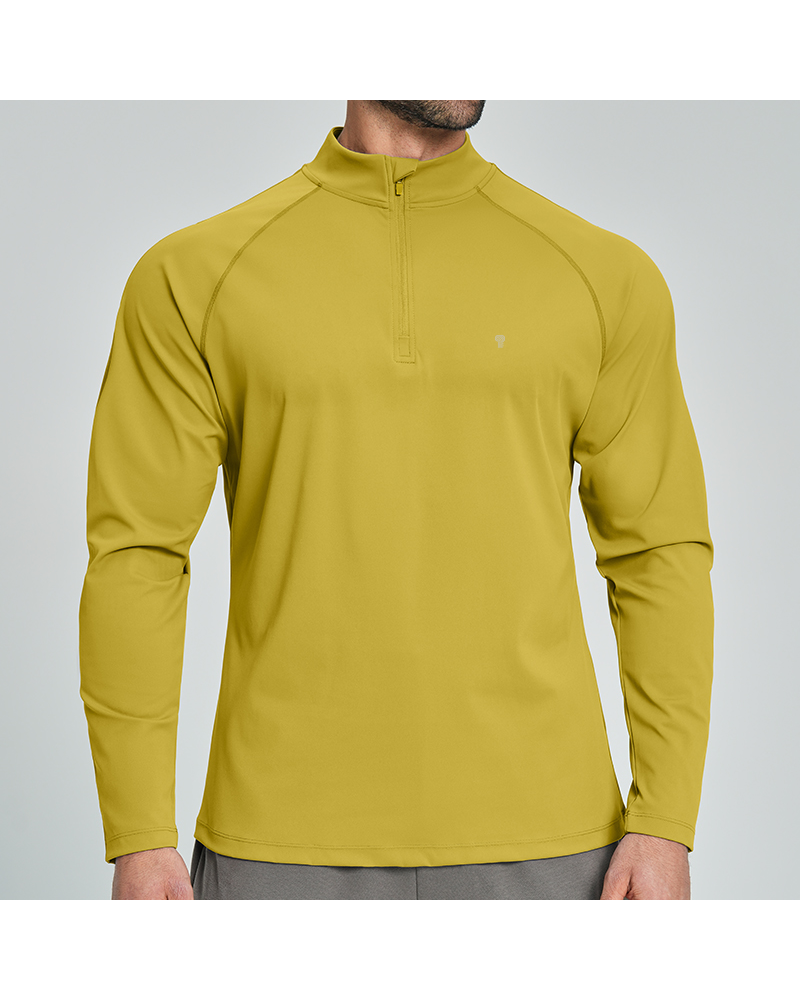 Polocom Plus Court Stretch Quarter-Zip Top in Yellow, model front view