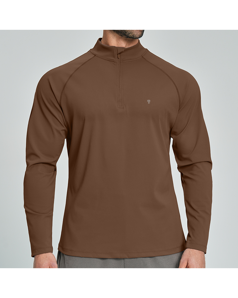 Polocom Plus Court Stretch Quarter-Zip Top in Brown, model front view