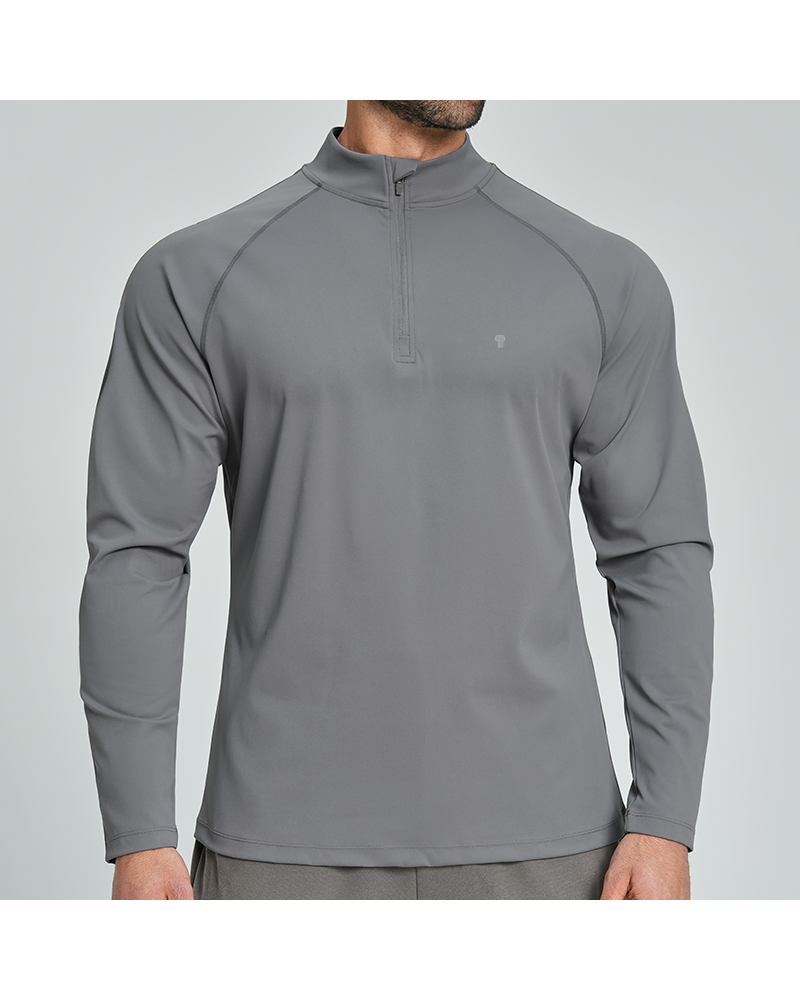 Polocom Plus Court Stretch Quarter-Zip Top in Gray, model front view