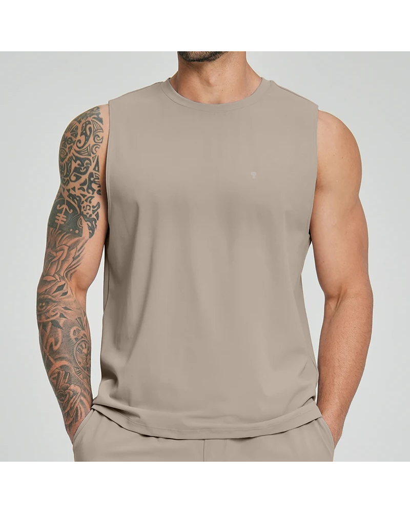 Polocom Plus Court Stretch Training Tank in Khaki, model front view