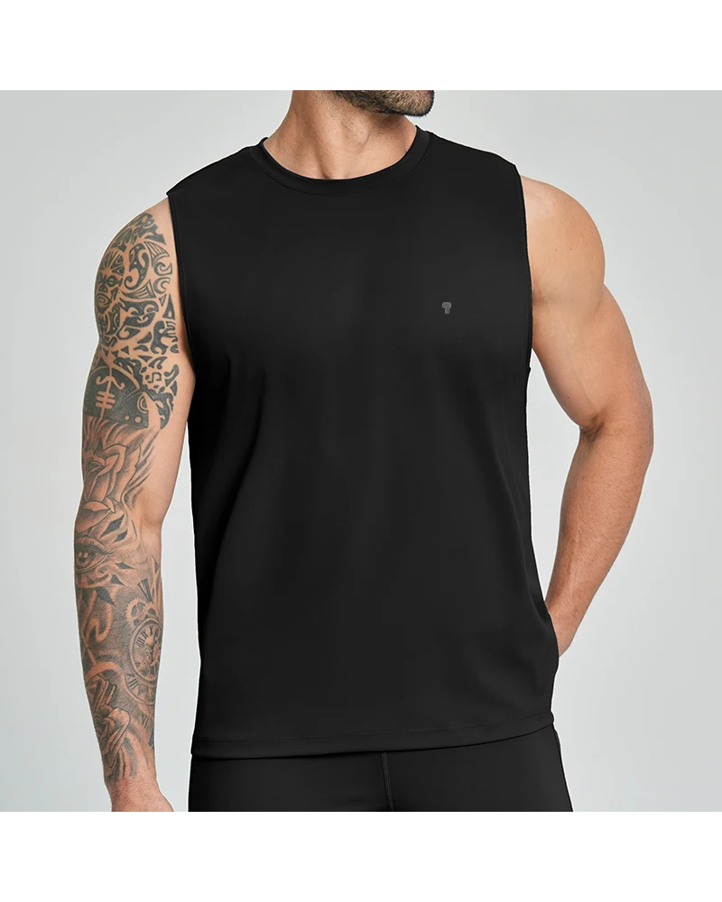 Polocom Plus Court Stretch Training Tank in Black, model front view