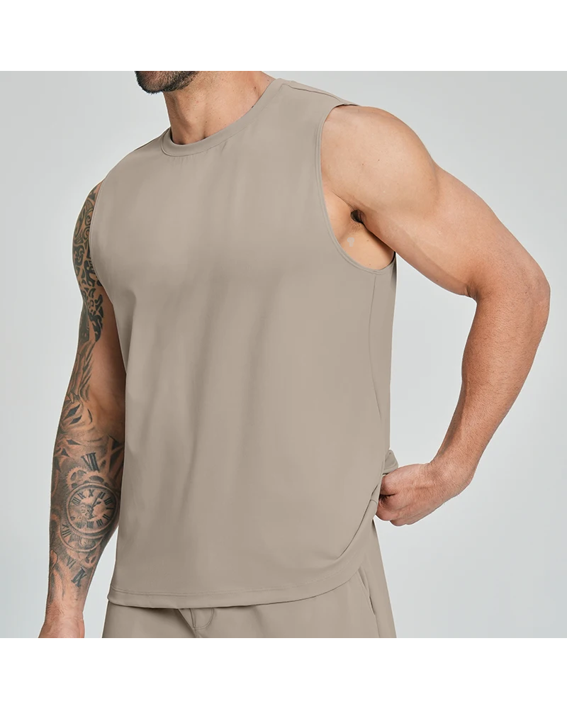 Court Stretch Training Tank in Khaki, three-quarter model view
