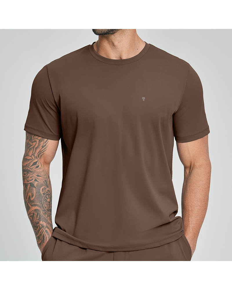 Polocom Plus Court Stretch Training Tee in Brown, model front view