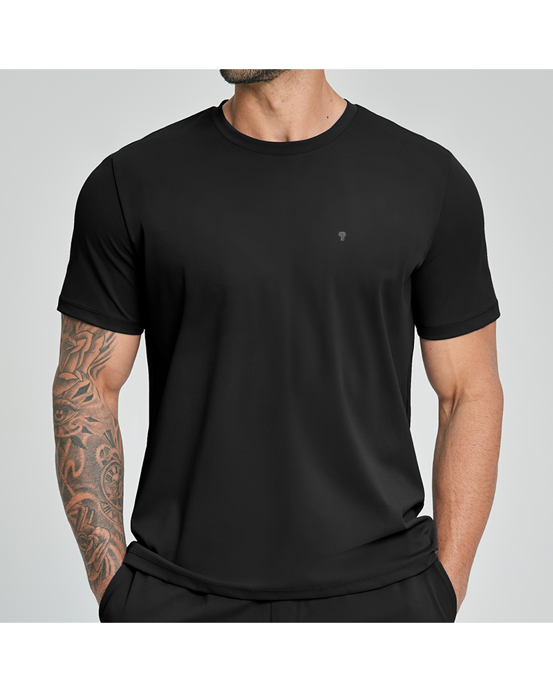 Polocom Plus Court Stretch Training Tee in Black, model front view