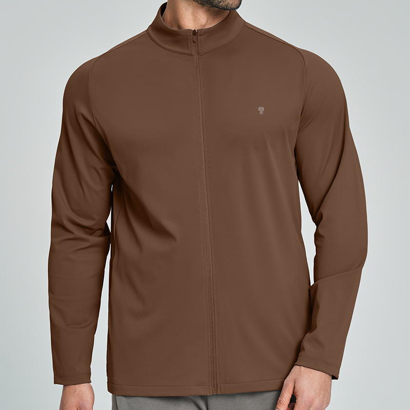 Polocom Plus Court Stretch Zip Jacket in Brown, front view on male model