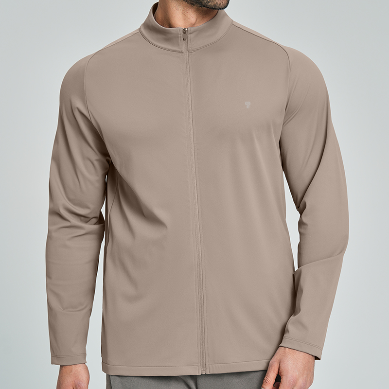 Polocom Plus Court Stretch Zip Jacket in Khaki, front view on male model