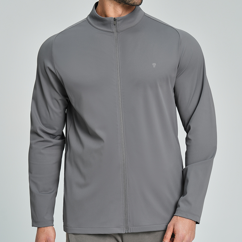 Polocom Plus Court Stretch Zip Jacket in Gray, front view on male model
