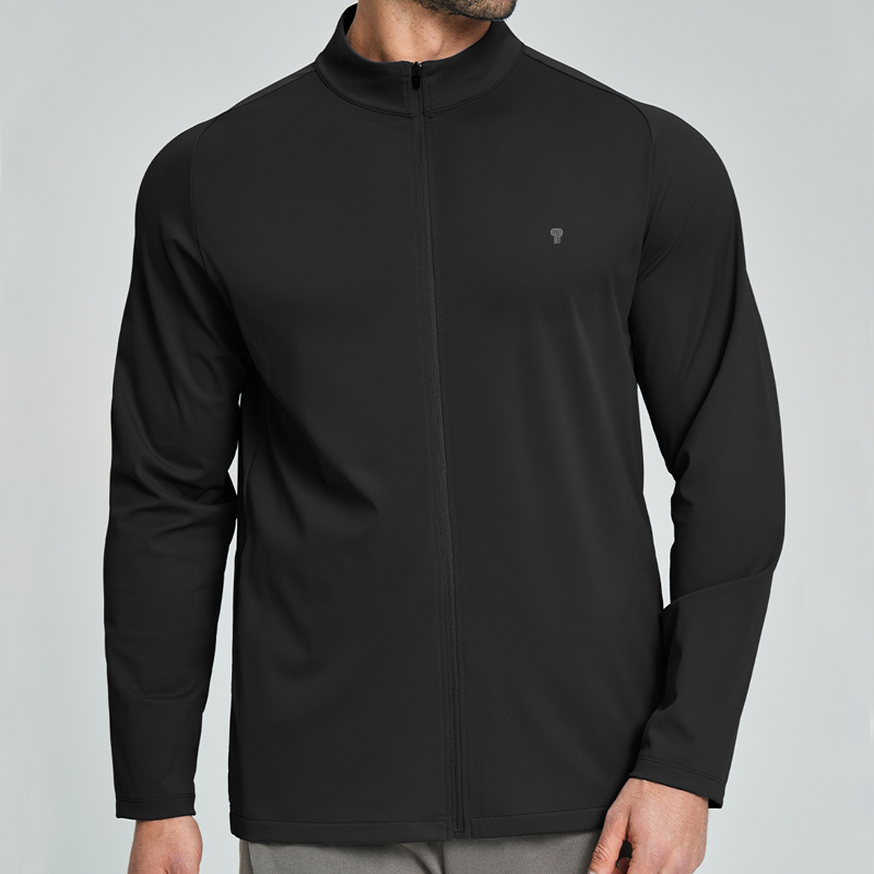 Polocom Plus Court Stretch Zip Jacket in Black, front view on male model