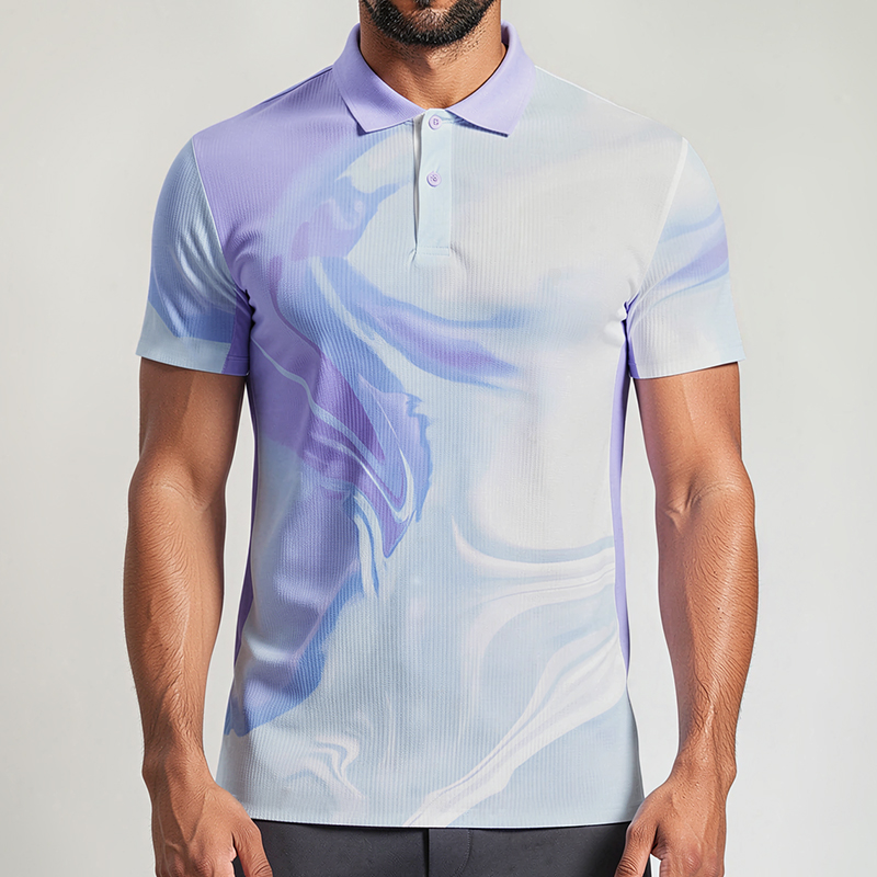 Polocom Plus Current Print Golf Polo in Purple, front view on male model