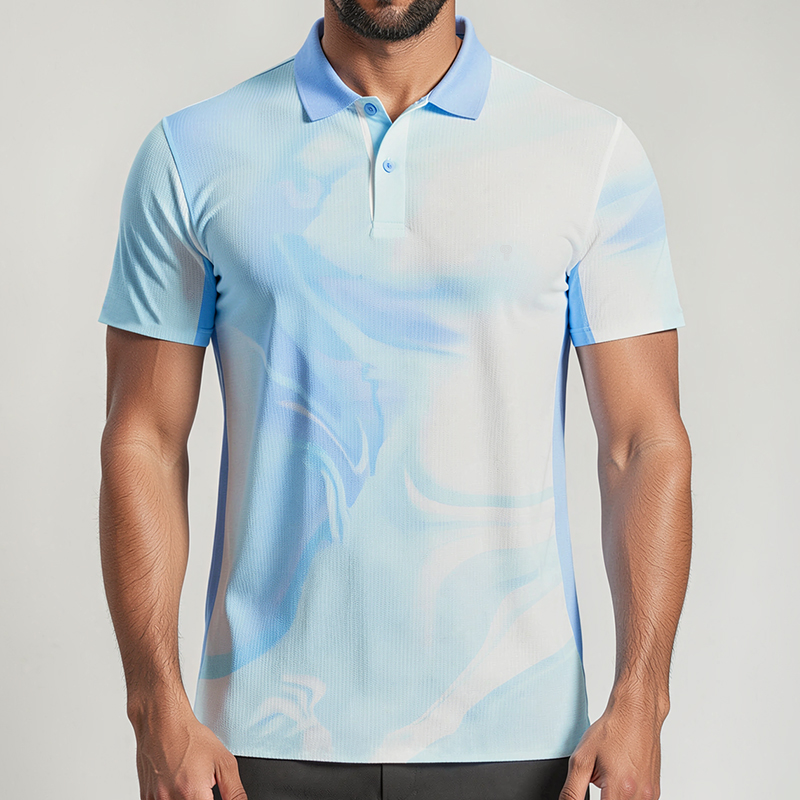 Polocom Plus Current Print Golf Polo in Blue, front view on male model
