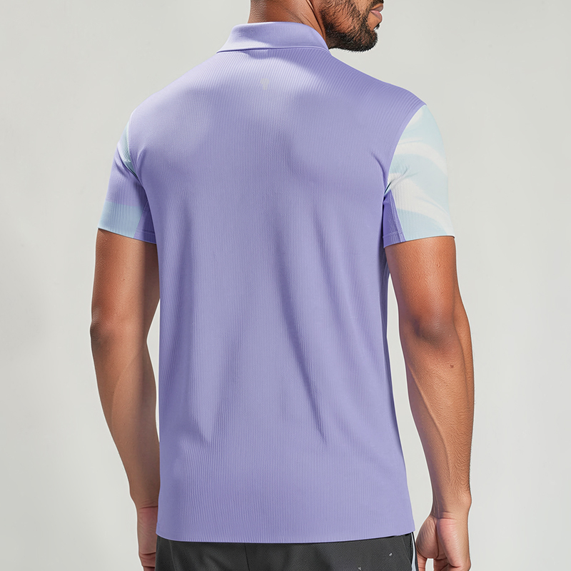 Polocom Plus Current Print Golf Polo in Purple, rear view on male model