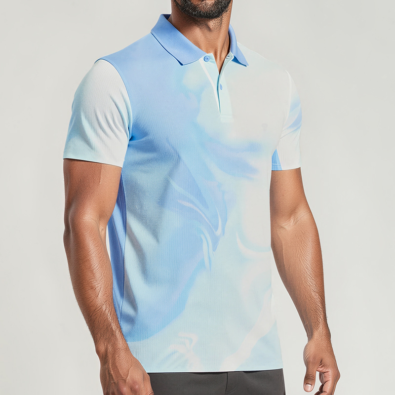 Polocom Plus Current Print Golf Polo in Blue, angled front view on male model