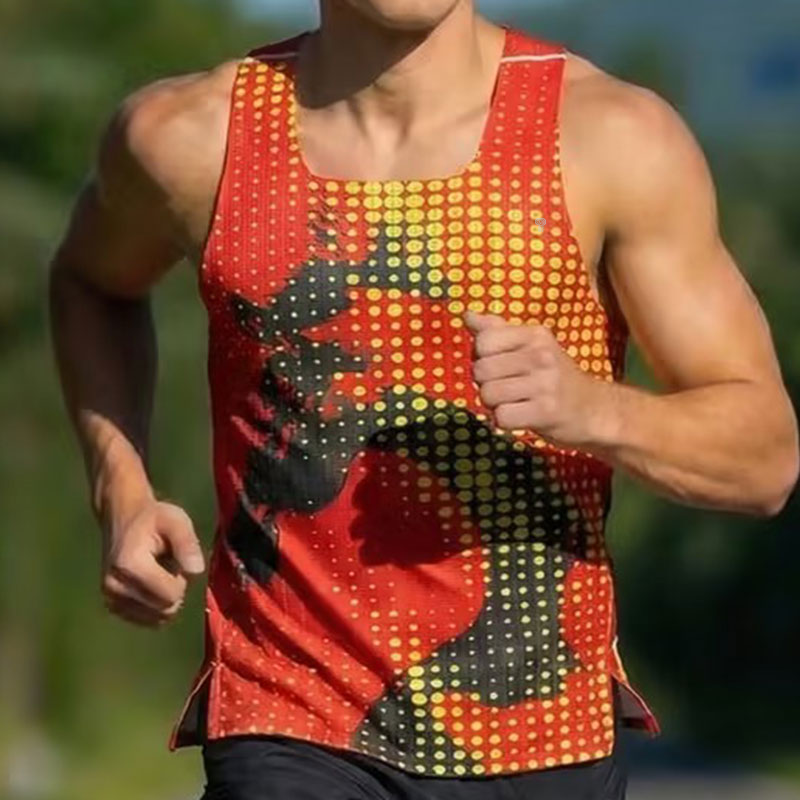 Polocom Plus Dragon Print Running Tank in Red, front on-model view