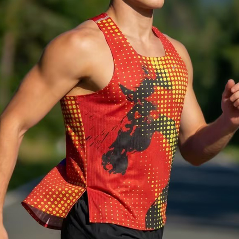 Dragon Print Running Tank in Red, angled running view