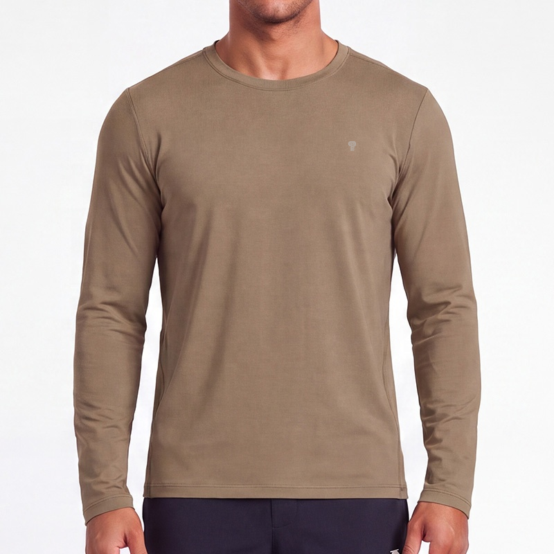 Polocom Plus Drift Stretch Long Sleeve Tee in Brown, front model view