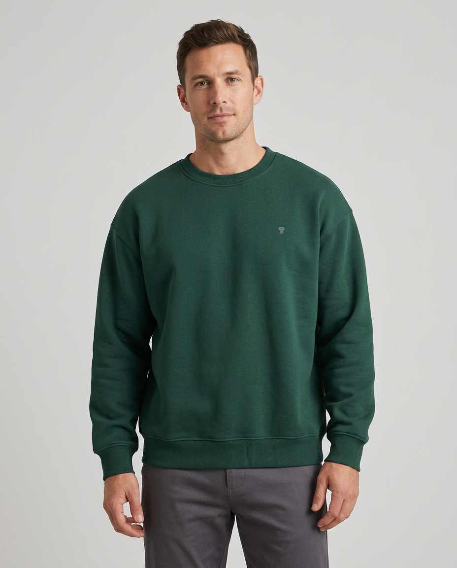 Polocom Plus Ease Heavyweight Stretch Crewneck in Ideal Green, front view on male model