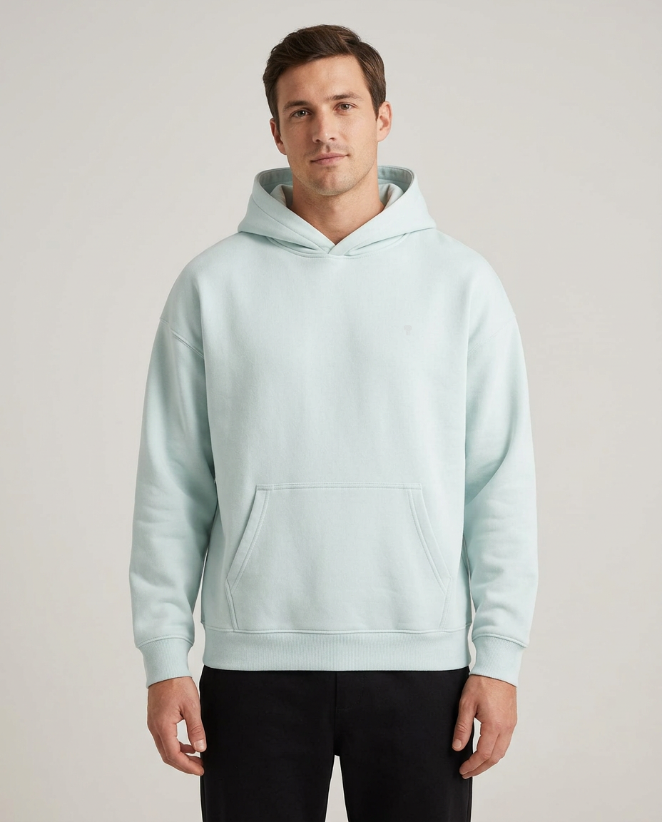 Polocom Plus Ease Heavyweight Stretch Hoodie in Water Blue, front view on male model
