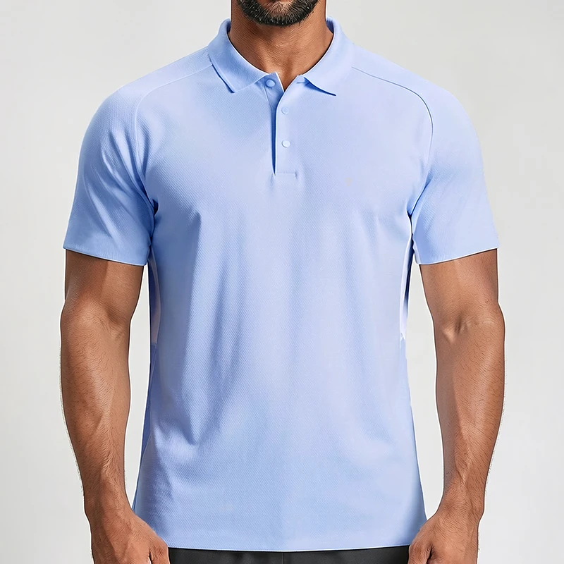 Polocom Plus Edge Stretch Golf Polo in Light Sea Blue, front view on an adult male model