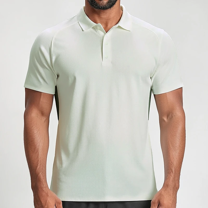 Polocom Plus Edge Stretch Golf Polo in Pea Green, front view on an adult male model