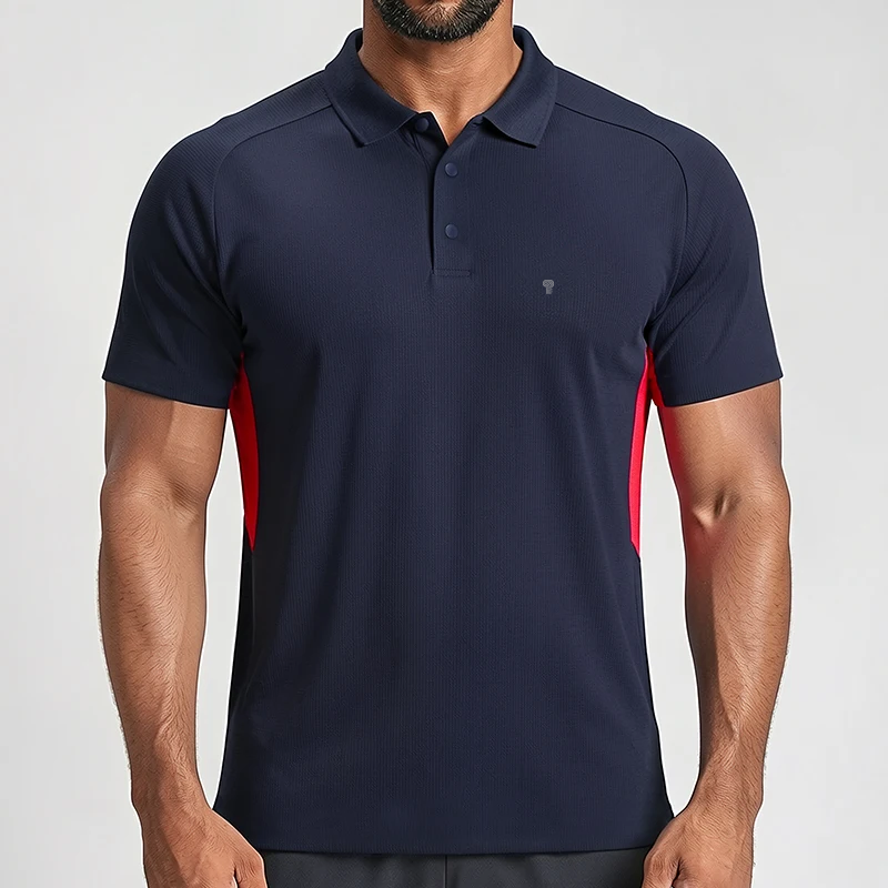 Polocom Plus Edge Stretch Golf Polo in Navy, front view on an adult male model with red side insert