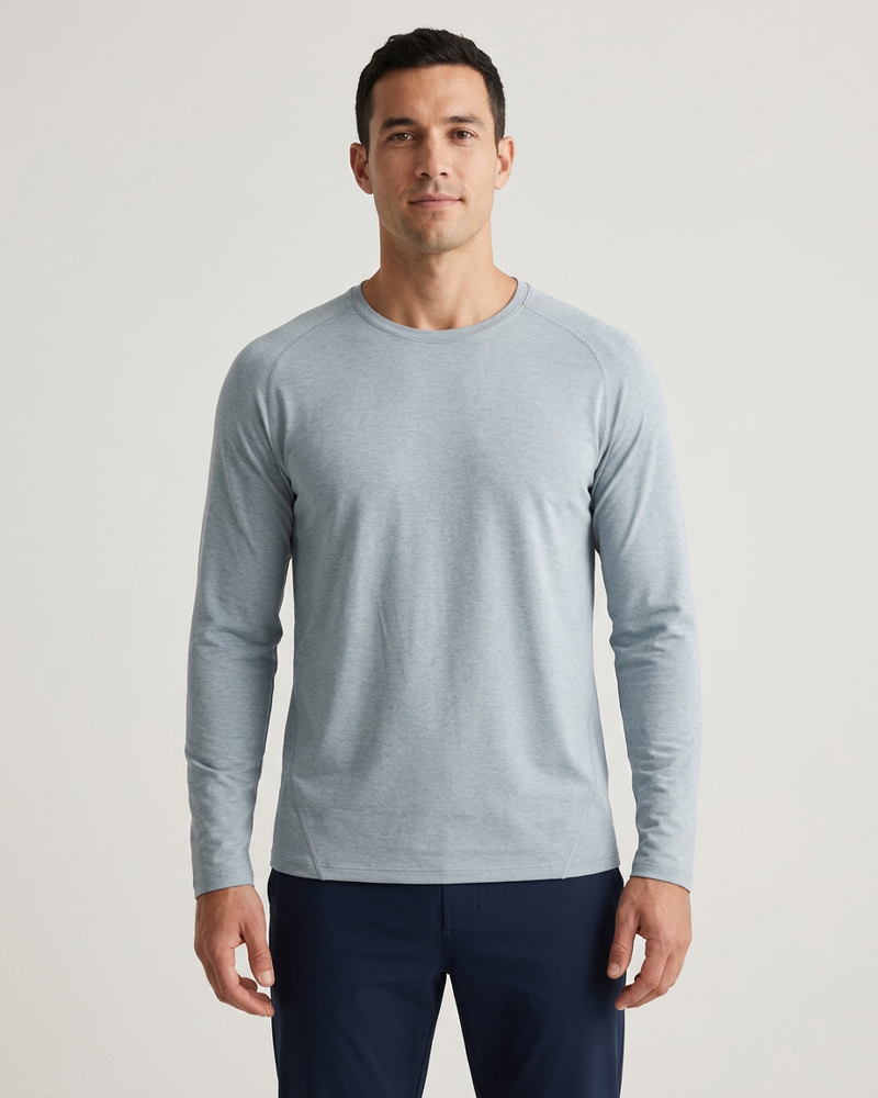 Polocom Plus Essence Long Sleeve Tee in Gray blue, model front view