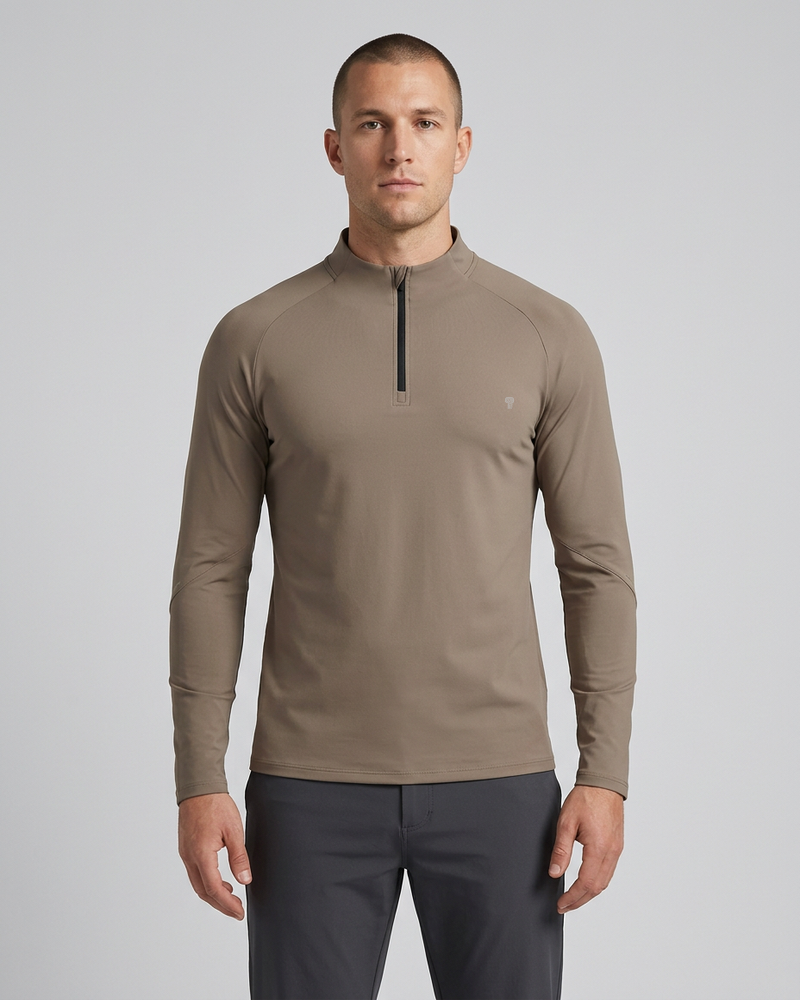 Polocom Plus Essence Quarter Zip Top in Brown, model front view