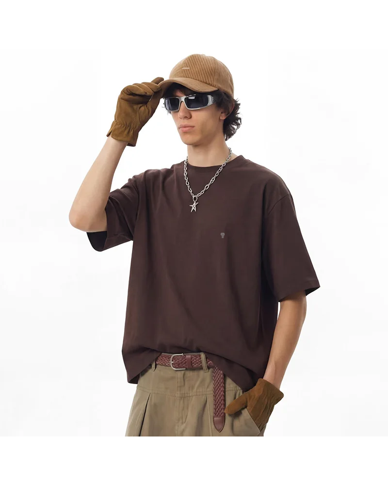 Polocom Plus Essential Cotton Tee in Coffee, model front view