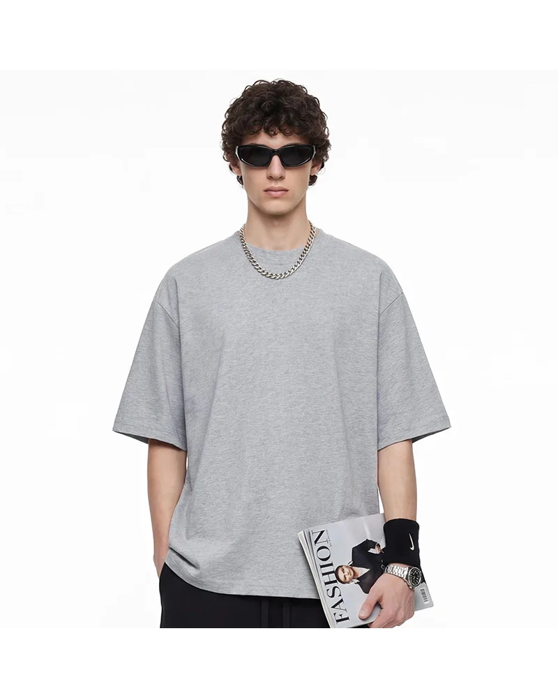 Polocom Plus Essential Cotton Tee in Dark hemp gray, model front view