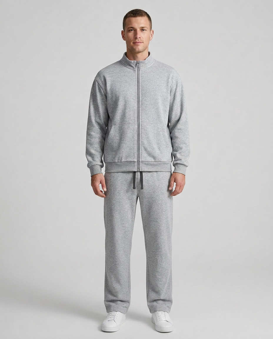 Polocom Plus Everyday Cotton-Blend Zip Tracksuit in Hemp Gray+Flower Gray, front view on male model