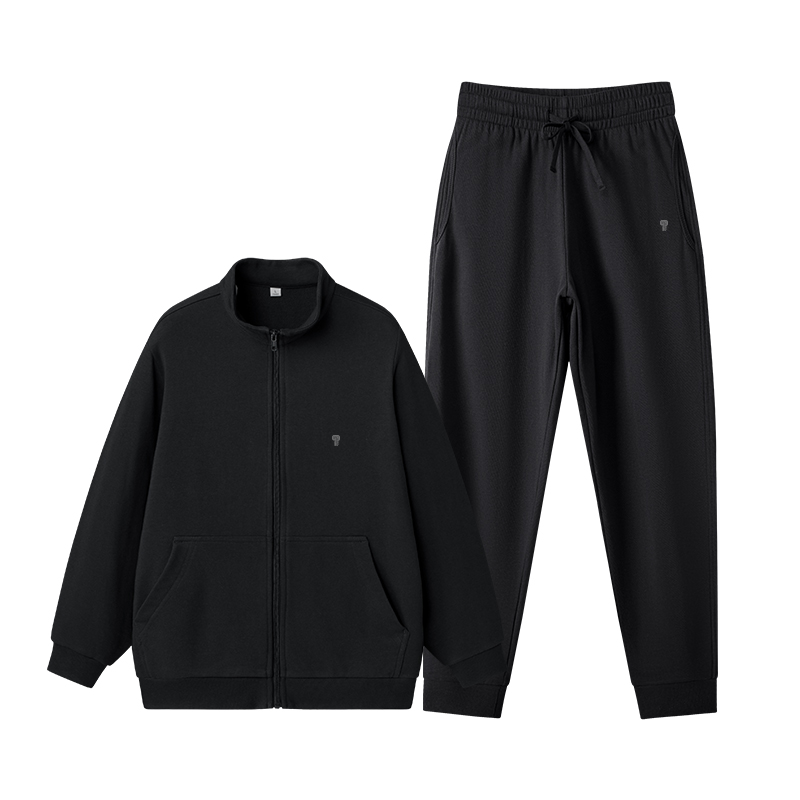 Polocom Plus Everyday Cotton-Blend Zip Tracksuit in Black, front product view