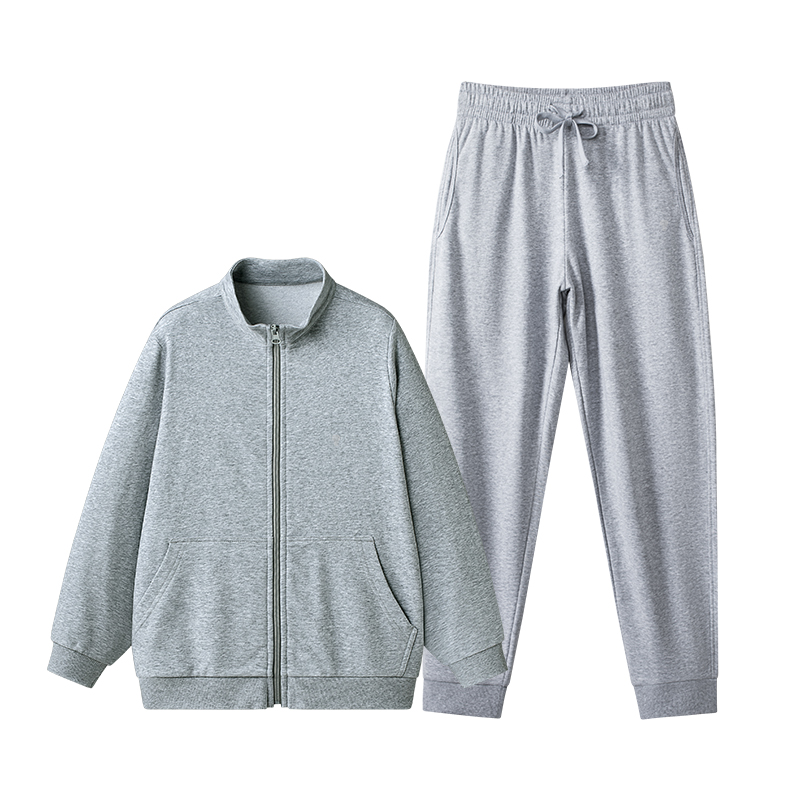Polocom Plus Everyday Cotton-Blend Zip Tracksuit in Hemp Gray+Flower Gray, jacket and pants flat view