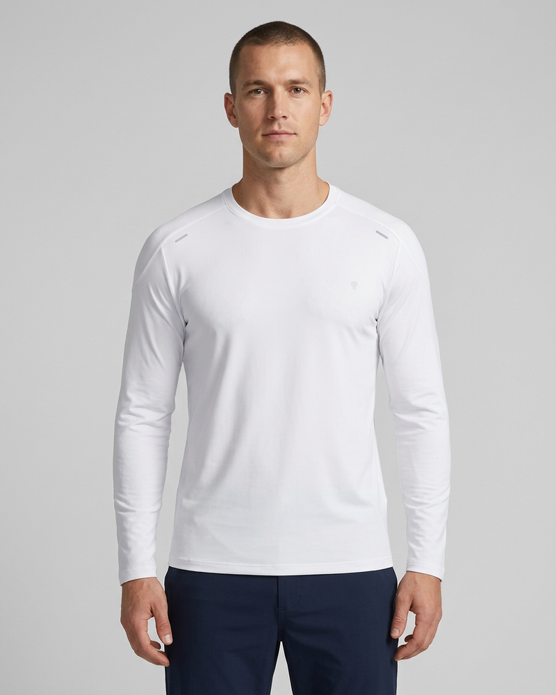 Polocom Plus Flexform Long Sleeve Tee in White, model front view