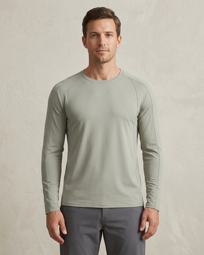 Polocom Plus Flux Nylon Long Sleeve Tee in Gray Green, model front view