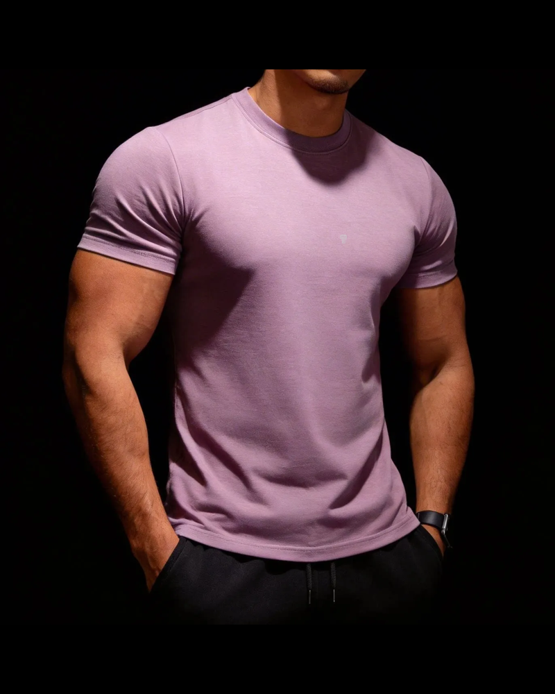 Polocom Plus Form Cotton Stretch Tee in Purple, model front view