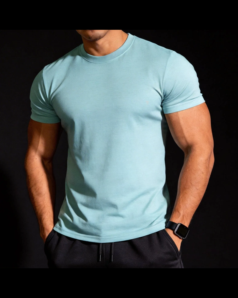 Polocom Plus Form Cotton Stretch Tee in Light Blue, model front view