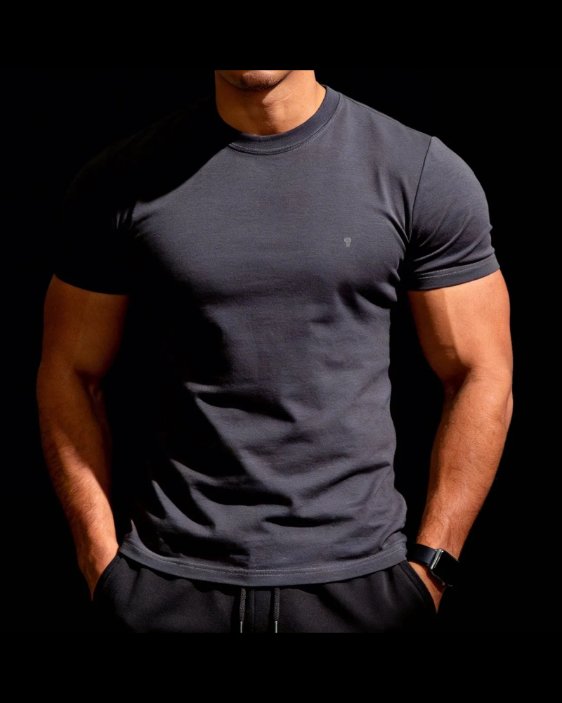 Polocom Plus Form Cotton Stretch Tee in Dark Gray, model front view