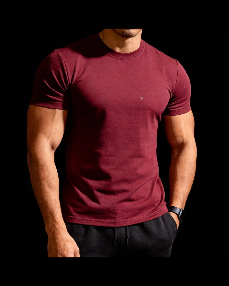 Polocom Plus Form Cotton Stretch Tee in Burgundy, model front view