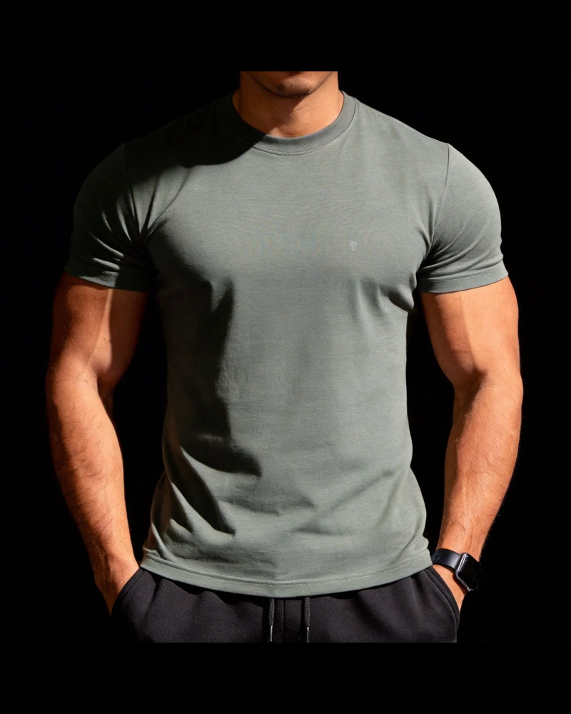 Polocom Plus Form Cotton Stretch Tee in Olive Green, model front view