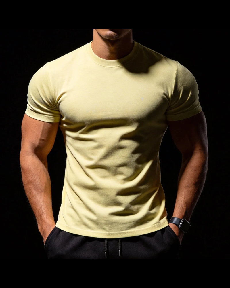 Polocom Plus Form Cotton Stretch Tee in Yellow, model front view