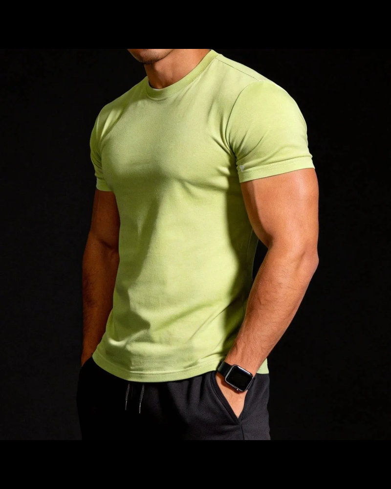 Polocom Plus Form Cotton Stretch Tee in Green, model front view