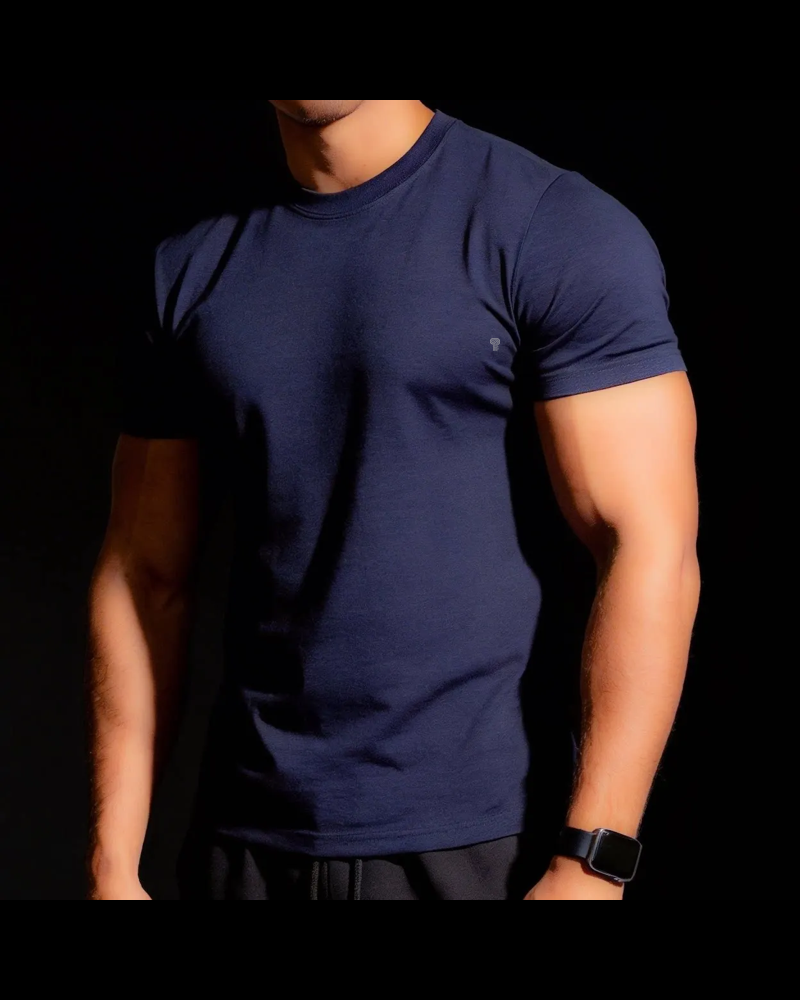 Polocom Plus Form Cotton Stretch Tee in Navy, model front view