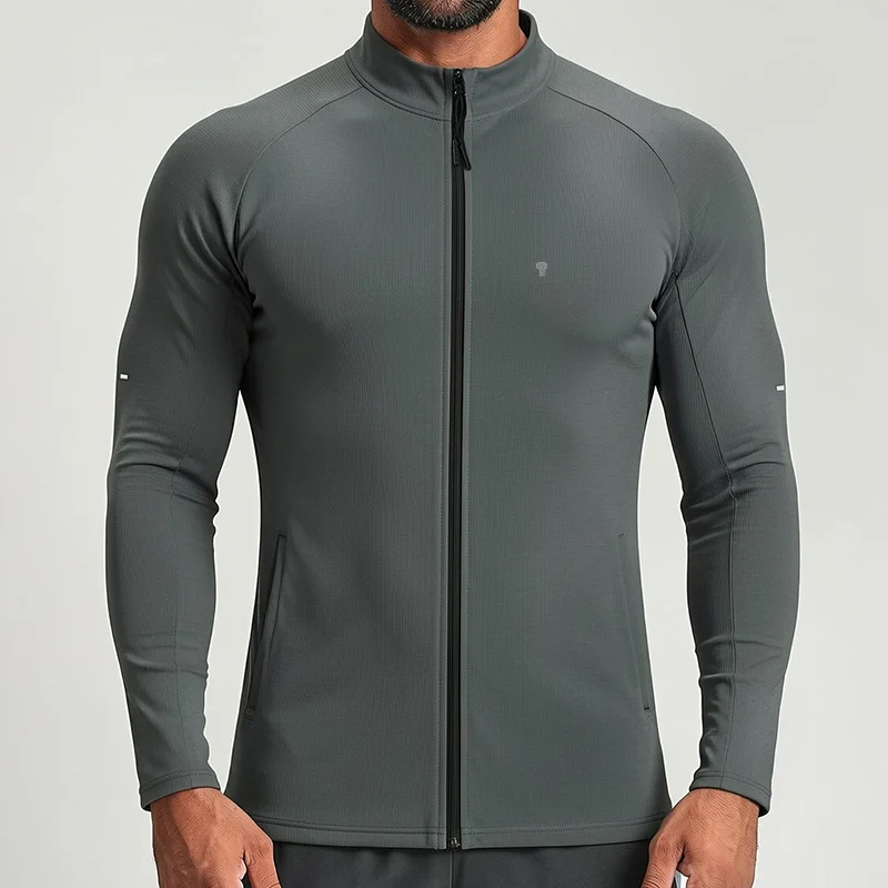 Polocom Plus Form Full-Zip Training Jacket in Dark Gray, front view on an adult male model