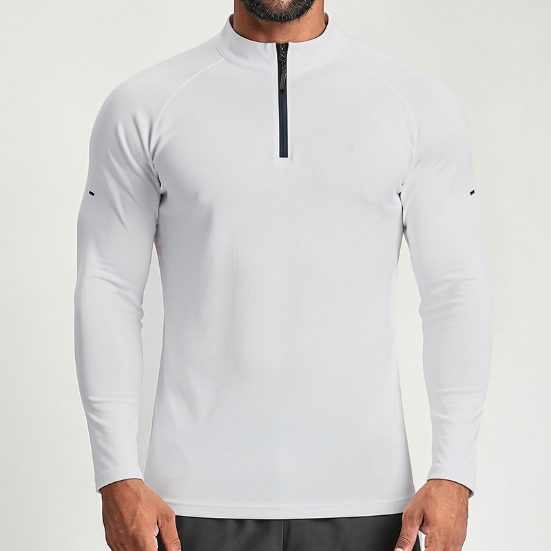 Polocom Plus Form Stretch Quarter-Zip Top in White grey, front view on model