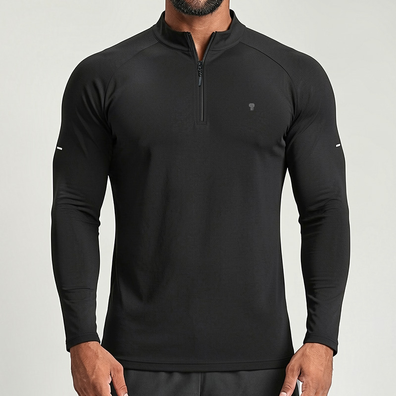 Polocom Plus Form Stretch Quarter-Zip Top in Black, front view on model